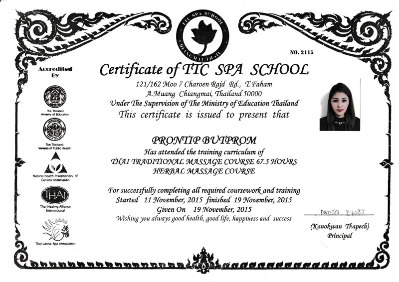 Certificate of TTC SPA SCHOOL タイ古式マッサージ ルアンテイップ 銀座プレミア